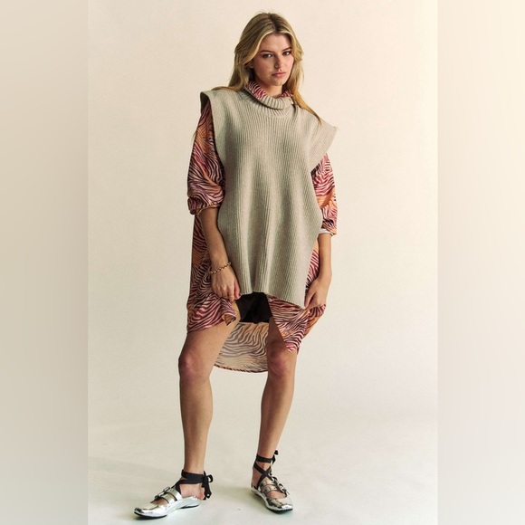 143B. Turtle Neck Side Slit Knit Pancho - Oatmeal - Picture 1 of 8